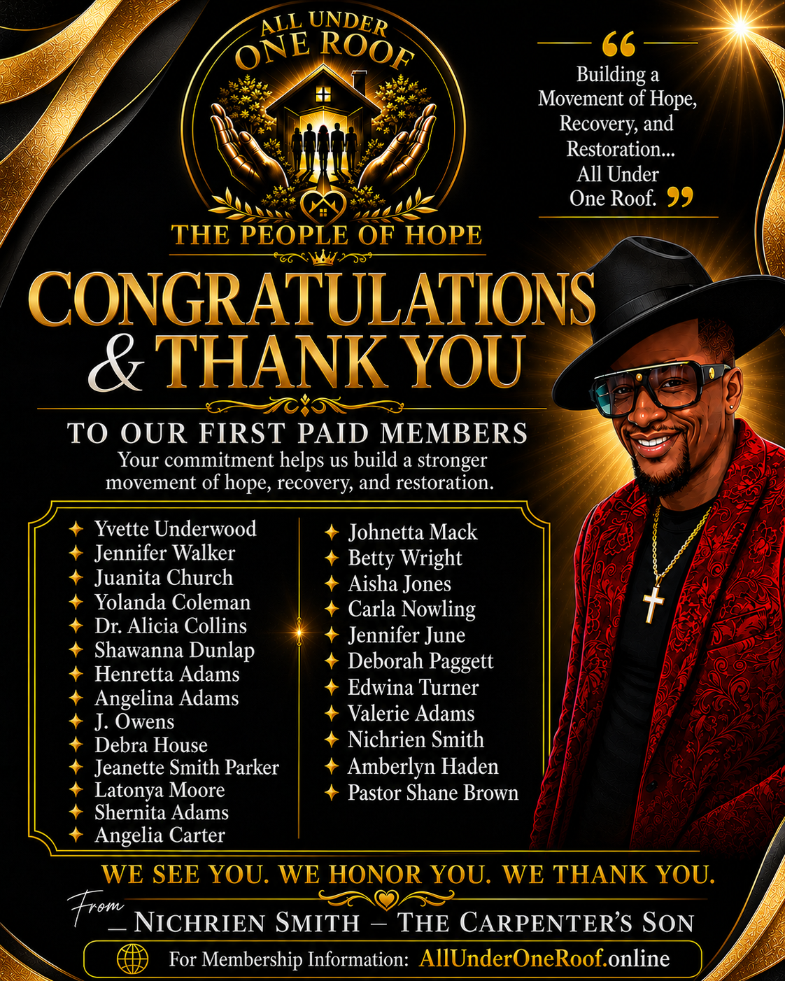 Congratulations and thank you flyer honoring the first paid members of The People of Hope
