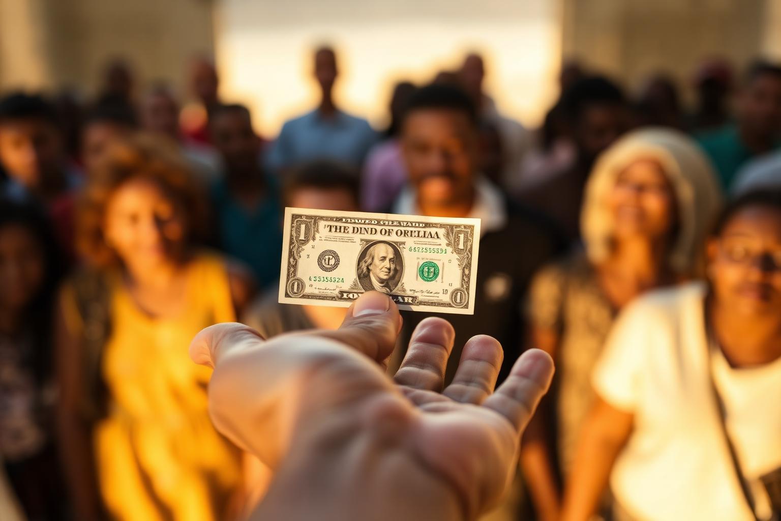 A hand offering a single dollar bill in front of a diverse community, symbolizing the $1 Campaign