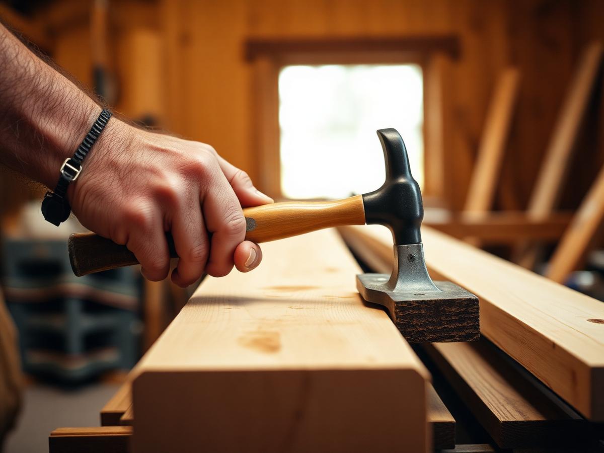 Carpenter's hands framing new lumber in the workshop