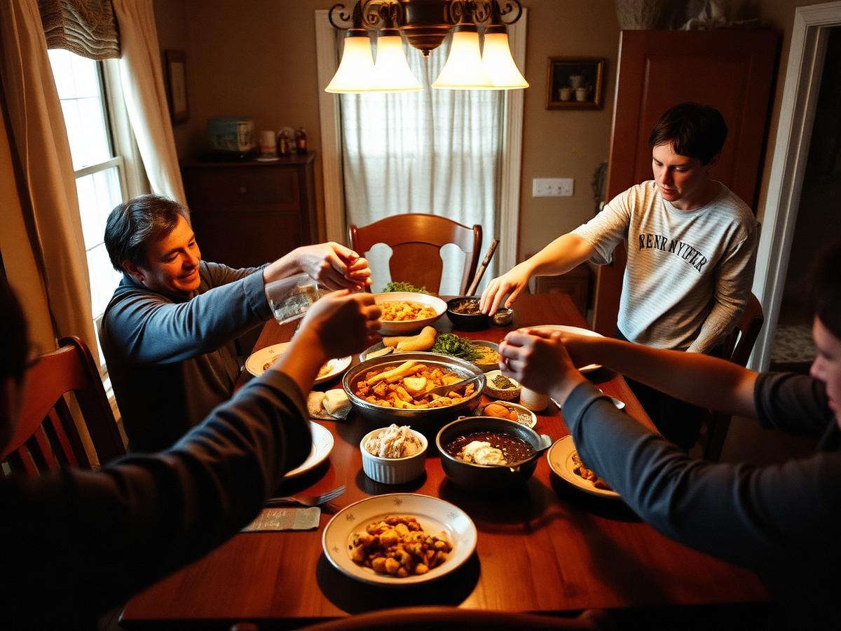 Residents sharing a home-cooked meal around a wooden dining table